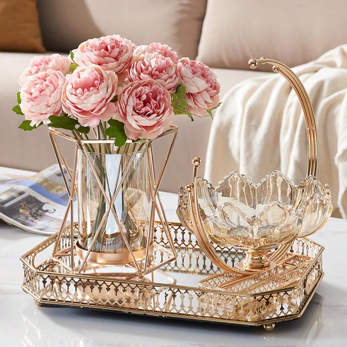 gold metal flower vase